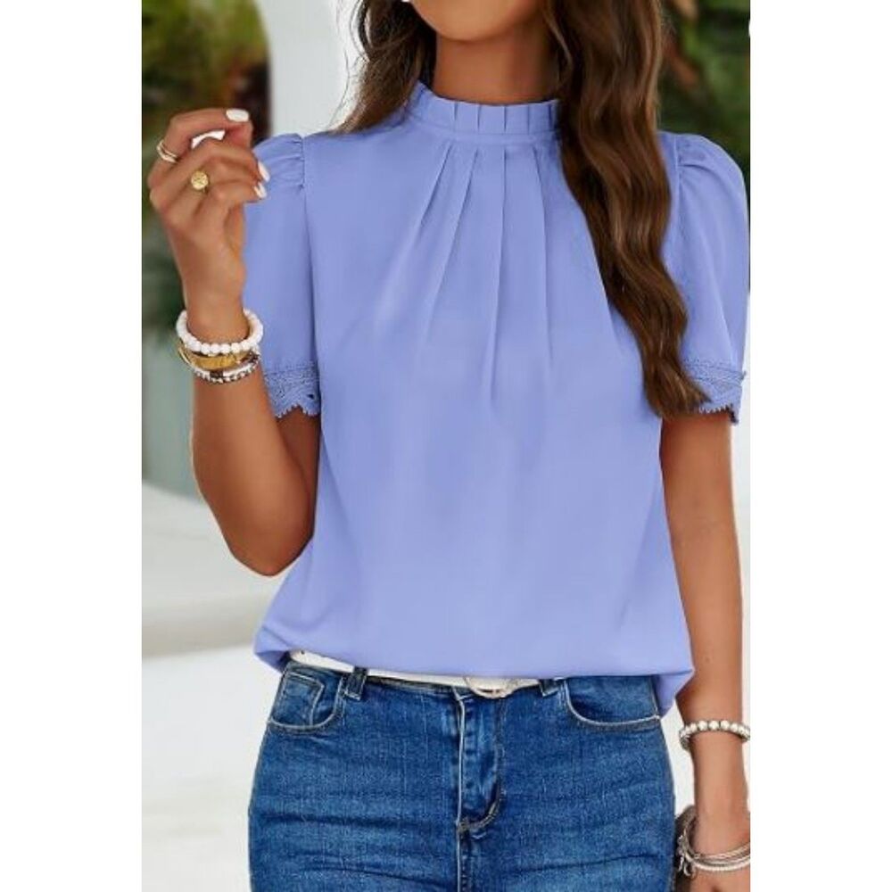 BTFBM Women's Lavender Pleated Short Sleeve Lace Trim Blouse Size Medium